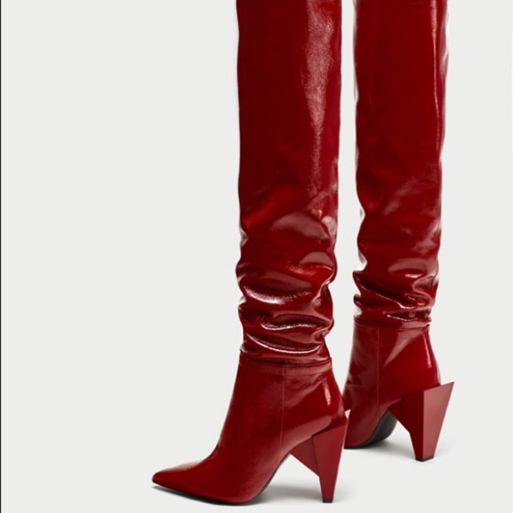 SOLD! NWT Zara Red Patent Leather Knee High Boots - Picture 2 of 8